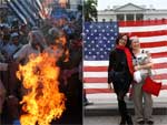 No paquisto, manifestantes queimaram bandeira em protesto contra a morte de Osama bin Laden. Nos EUA, populao comemora em frente  Casa Branca