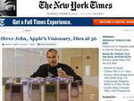No americano New York Times, a manchete: &quot;Steve Jobs, o visionrio da Apple, morre aos 56 anos &quot;