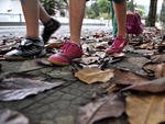 Crianas caminham pelas ruas sob as folhas secas do cho em Blumenau 