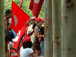 Integrantes da Via Campesina protestam por reforma agrria