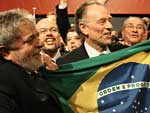 A comitiva que foi com o presidente  Copenhaguem celebra a vitria brasileira