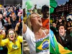 A comemorao dos brasileiros pelo mundo: Chicago (esq.), Rio (centro) e Copenhague